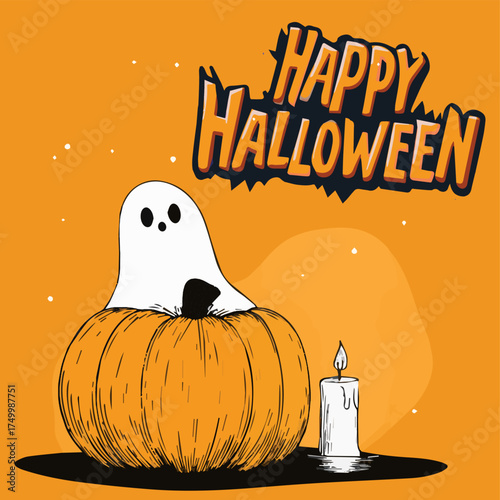  Vector illustration Halloween of ghosts, pumpkins, bats for flayer, poster, card