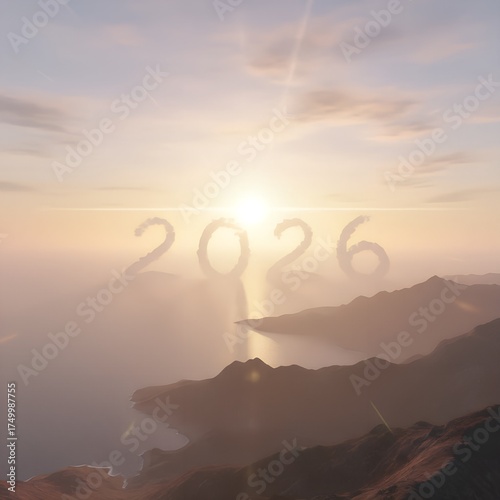 Sunrise Over Mountains with Year 2026 in Mist dawn