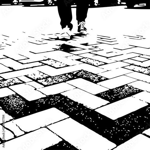 Black and White Herringbone Pavement Pattern with Persons Legs and Shoes.