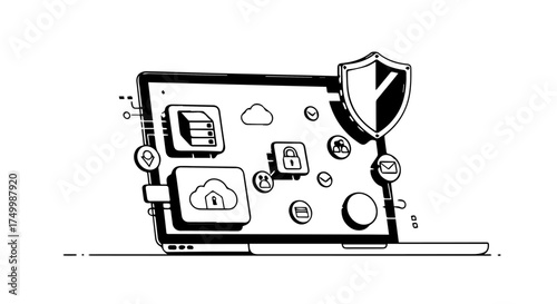 Black and White Illustrated Laptop with Security Shield and Cloud Icons.