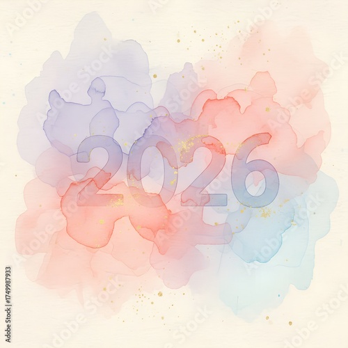Year 2026 superimposed on watercolor splashes paint