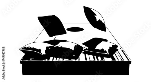 Black and White Illustration of a Bed with Pillows, Minimalist Design.