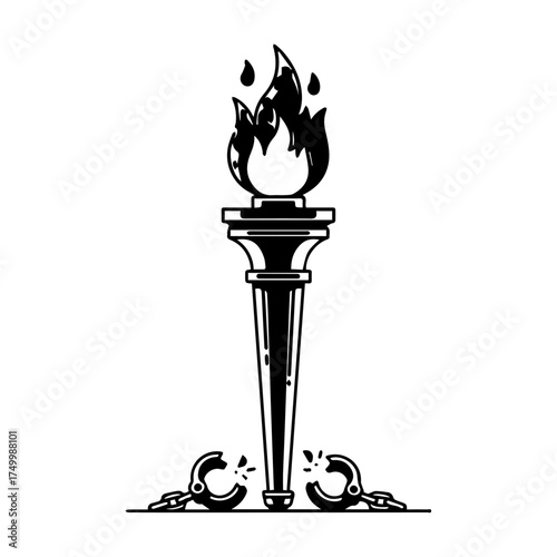 Black and White Illustration of a Burning Torch with Broken Shackles.