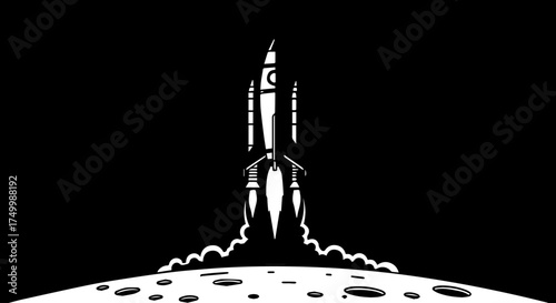 White Rocket Ship Launching from Lunar Surface with Smoke Trails, Illustration.
