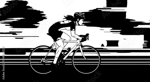 Black and White Illustration of a Cyclist Riding a Road Bicycle with Speed.