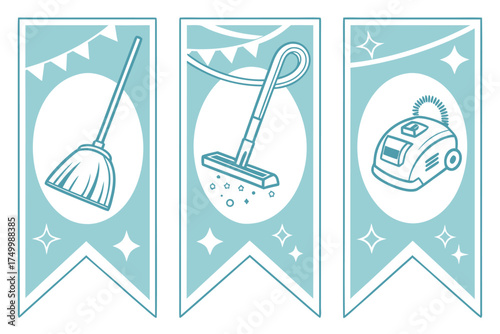 Charming pastel blue and white icons for cleaning services and home organization