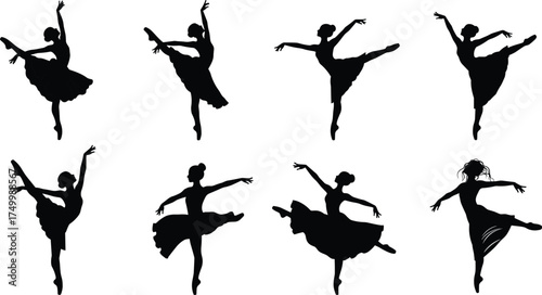 Ballet dancer silhouette, graceful pose, tutu costume, elegant movement, classical dance, black figure, isolated, artistic, expressive, flexible, dramatic, professional, performance
