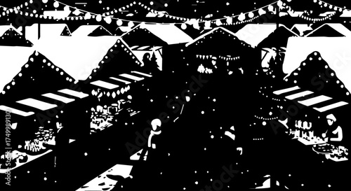 Black and White Illustration of a Festive Outdoor Market Scene with Stalls and People.