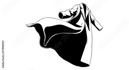 Black and White Illustration of a Flowing Trench Coat with Dramatic Silhouette.