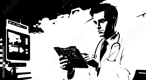 Black and White Illustration of a Focused Doctor Examining Medical Records.