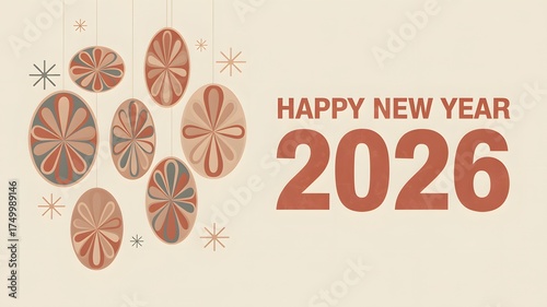 Festive mid century modern inspired abstract ornaments and bold typography celebrating happy new year 2026 on a cream background