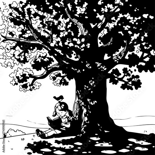 Black and White Illustration of a Girl Reading Under a Trees Shade.