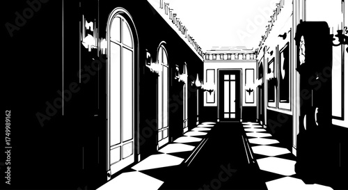 Black and White Illustration of a Grand Hallway with Arched Windows and Doors.