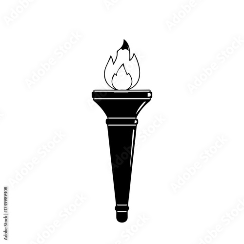 Black and White Illustration of a Lit Torch with Flames and Handle.