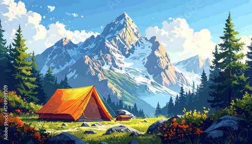 Mountain landscape with tent and snowy peaks
