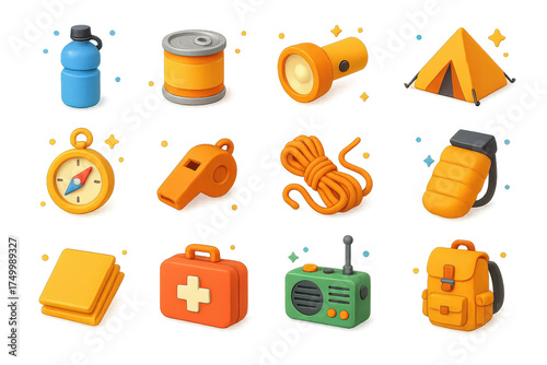 Survival Kit Icons. Survival. 3D icons set of survival: water bottle, canned food, flashlight, tent, compass, whistle, rope, firestarter kit, emergency