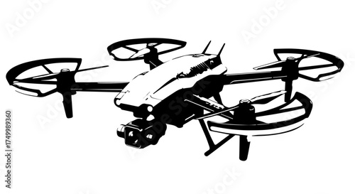 Black and White Illustration of a Modern Quadcopter Drone with Camera.