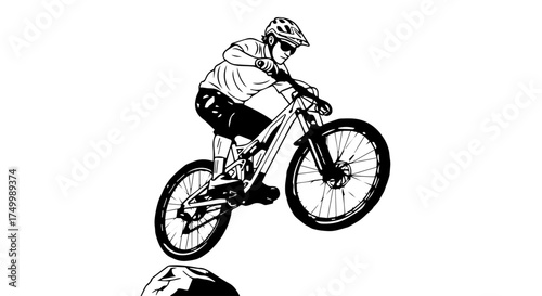 Black and White Illustration of a Mountain Biker Performing a Jump.