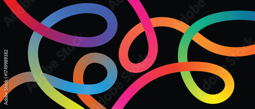 Vibrant rainbow colored ribbon flowing and twisting against a stark black background