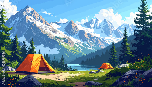 Mountain landscape with camping tents and lake