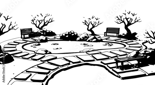 Illustrated park with circular stone path, benches and leafless trees in a tranquil landscape scene.
