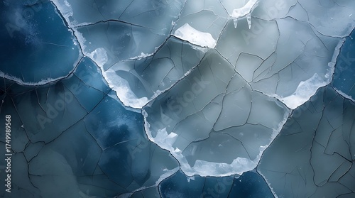 Close up abstract view of icy blue and white crystalline formations with light shining through