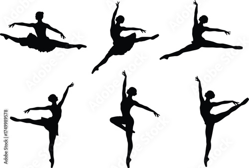 Christmas zombie ballet dancer silhouettes, elegant female poses, graceful jumps, arabesque, grand jeté, vector illustration, performance art, abstract dance design