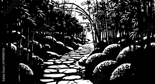 Serene black and white garden path winding through stones, shrubs, and tranquil foliage.