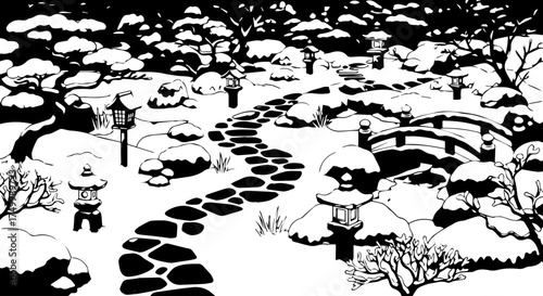 Black and white winter landscape showing people crossing a snowy forest path on stepping stones.