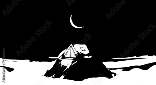 Night Camping Scene with Tent under Crescent Moonlit Sky, Minimal Black and White Illustration.