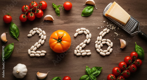Arrangement 2026 Number with Pasta and Vegetables Fresh Ingredients Display Italian Cuisine Preparation Background