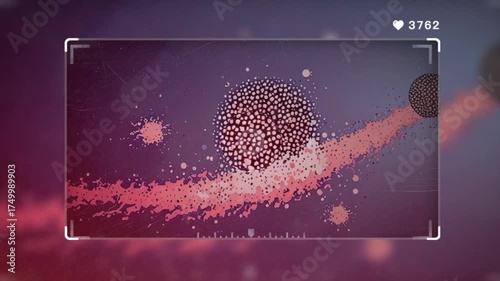 Digital microscopic view of abstract cellular organisms, showing dynamic particles and scientific processes