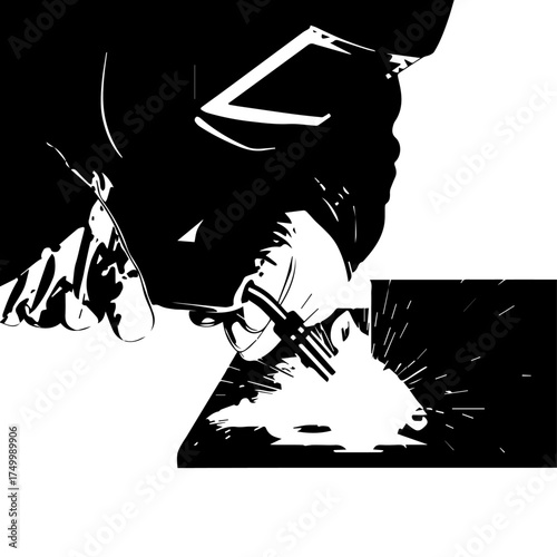 Black and white silhouette of a welder at work with sparks and light.
