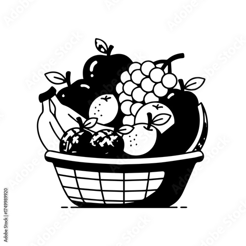 Illustration of a fruit basket filled with apples, grapes, bananas and pears.