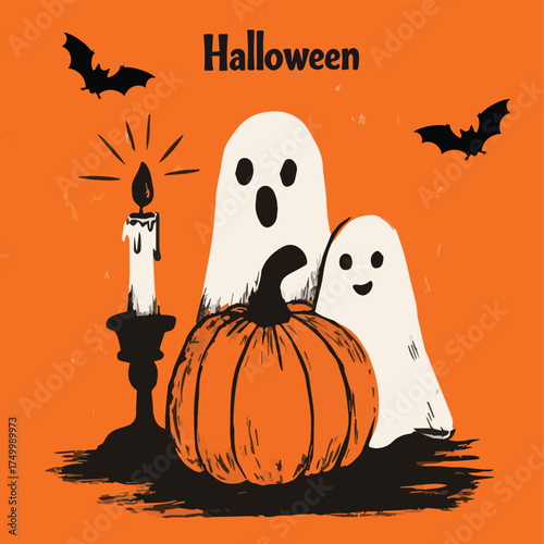  Vector illustration Halloween of ghosts, pumpkins, bats for flayer, poster, card