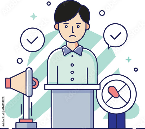 Man at podium with megaphone and target symbol