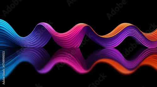 Vibrant abstract wavy ribbon of light with colorful reflections on a dark background