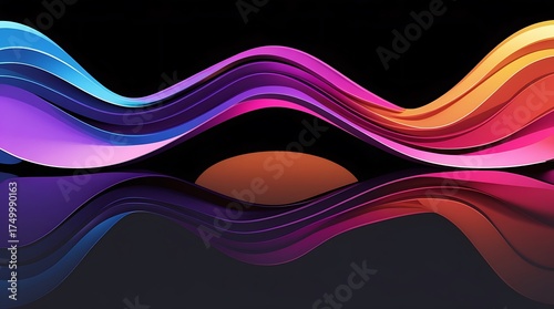 Vibrant abstract wavy lines with a glowing sunset reflection on a dark background