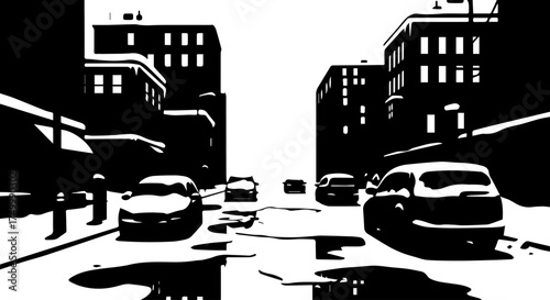 High-contrast urban street scene featuring parked cars, tall buildings and a moody downtown skyline.