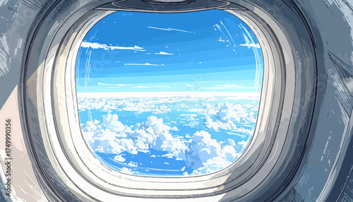 Airplane window view of clouds and blue sky