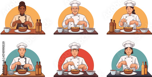 Cartoon chefs cooking food, diverse kitchen staff, culinary illustration, chef characters, restaurant scene, cooking table, food preparation, garnish