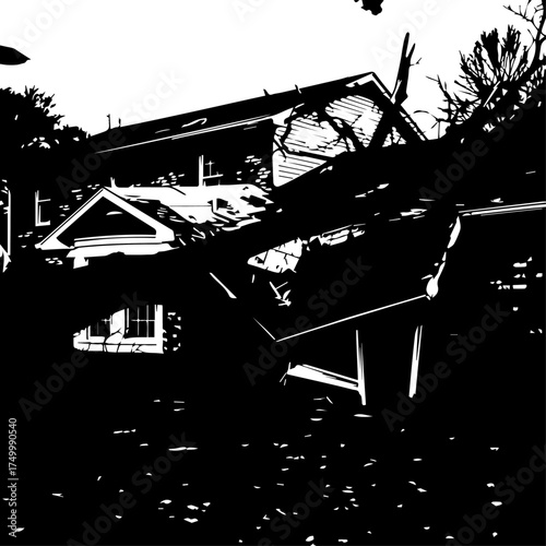 Charred and shattered house engulfed by fallen trees after a brutal storm, dramatic monochrome scene.