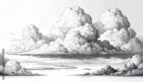 Dramatic clouds over landscape with distant shoreline