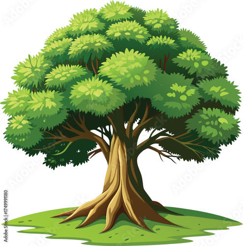 Vibrant green tree with strong roots on a patch of grass