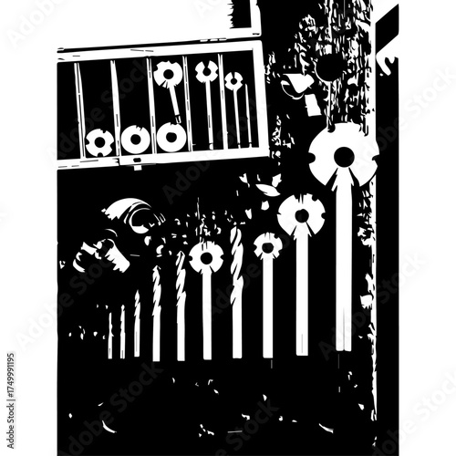 Black and White Illustration of Various Drill Bits and Tools Displayed.