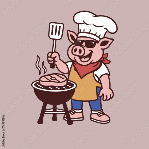  
Pig Chef Mascot Cooking on Grill Vector Illustration
 
 