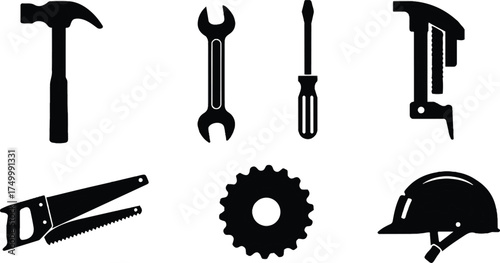 Six flat black silhouettes: hammer, wrench, screwdriver, gear, saw, helmet on white background.