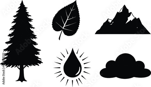 Six flat black silhouettes: tree, leaf, mountain, water droplet, sun, cloud on white background.