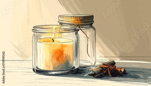Candle in jar with cinnamon sticks on wooden surface