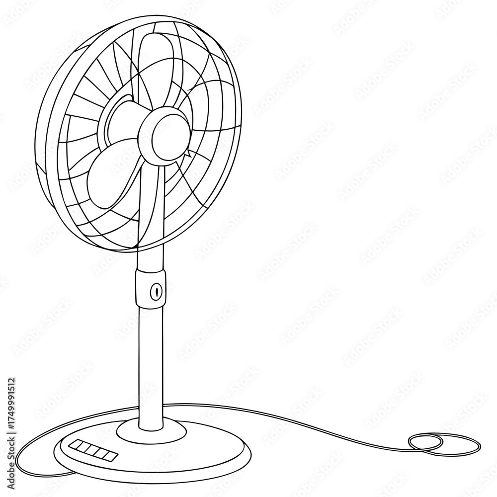 A simple black and white line drawing illustration of a modern electric desk fan with a round base adjustable stand and oscillating head perfect for cooling